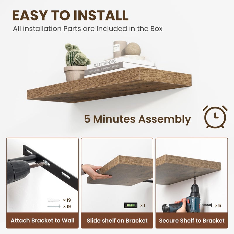 Acovy 36 Inch Floating Shelves, 12 Inch Deep Floating Shelves for Wall, Floating Shelf with Invisible Brackets, Deep Shelves for Bathroom, Bedroom, Living Room, 2 Pack, Brown - Image 2