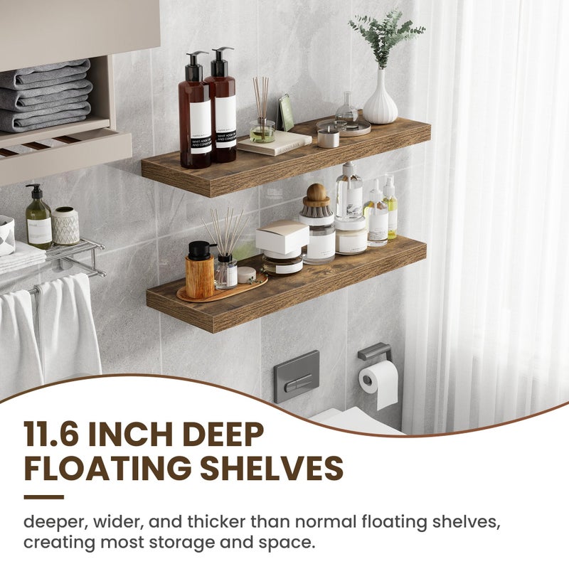Acovy 36 Inch Floating Shelves, 12 Inch Deep Floating Shelves for Wall, Floating Shelf with Invisible Brackets, Deep Shelves for Bathroom, Bedroom, Living Room, 2 Pack, Brown - Image 3