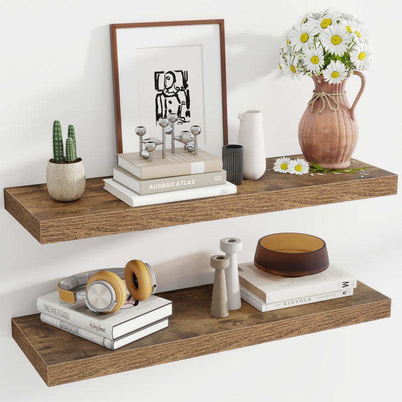 Acovy 36 Inch Floating Shelves, 12 Inch Deep Floating Shelves for Wall, Floating Shelf with Invisible Brackets, Deep Shelves for Bathroom, Bedroom, Living Room, 2 Pack, Brown - Image 1