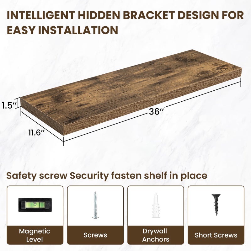 Acovy 36 Inch Floating Shelves, 12 Inch Deep Floating Shelves for Wall, Floating Shelf with Invisible Brackets, Deep Shelves for Bathroom, Bedroom, Living Room, 2 Pack, Brown - Image 4