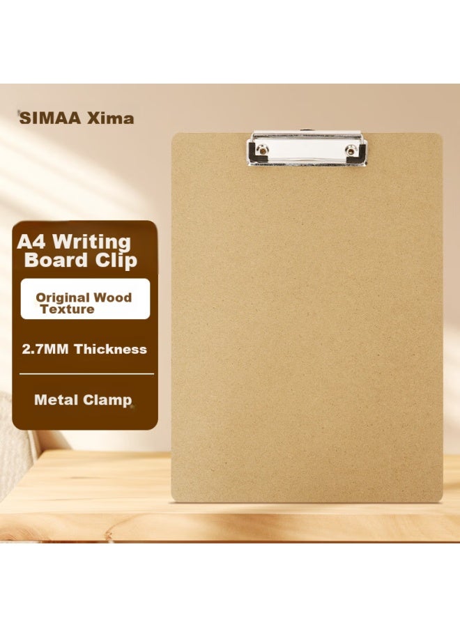Simaa A4 ملف ورقية ذات ملمس خشبي، لوازم مكتبية لوح كتابة، لوح معدني قوي بمشبك، ملف تخزين وثائق أوراق امتحان، بني - Image 1