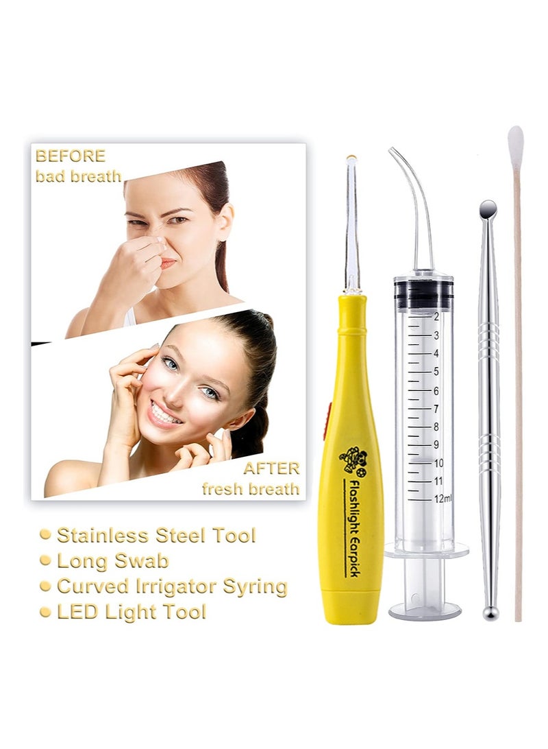 HaLunhi Tonsil Stone Removal Kit, Stainless Steel Tonsil Stone Removal Tool, Tonsil Stone Remover with LED Light, 100 Long Cotton Swabs and Curved Irrigation Syringe for Bad Breath (Yellow) - Image 2