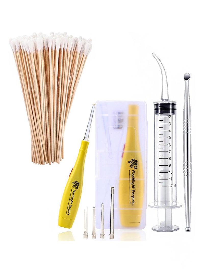 HaLunhi Tonsil Stone Removal Kit, Stainless Steel Tonsil Stone Removal Tool, Tonsil Stone Remover with LED Light, 100 Long Cotton Swabs and Curved Irrigation Syringe for Bad Breath (Yellow) - Image 1