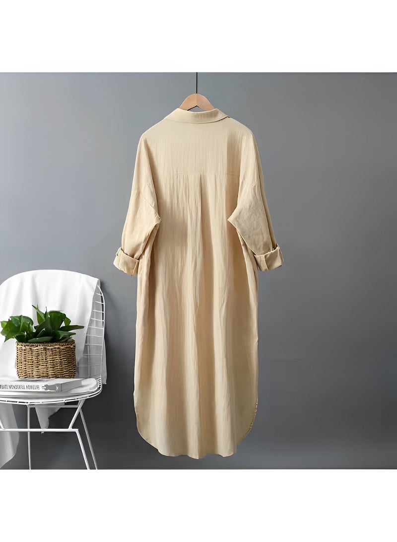 REOCLE Women's Maxi Dress Cotton Linen Shirts Long Sleeve Button Down Blouses Oversized Tops Casual Loose Cardigan Shirts - Image 3
