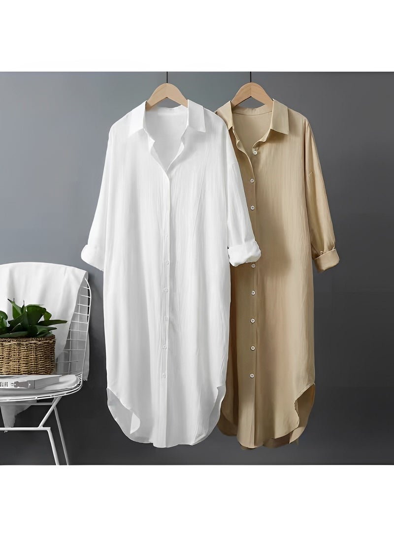 REOCLE Women's Maxi Dress Cotton Linen Shirts Long Sleeve Button Down Blouses Oversized Tops Casual Loose Cardigan Shirts - Image 4