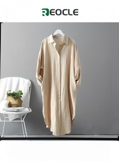 REOCLE Women's Maxi Dress Cotton Linen Shirts Long Sleeve Button Down Blouses Oversized Tops Casual Loose Cardigan Shirts  - Image 1