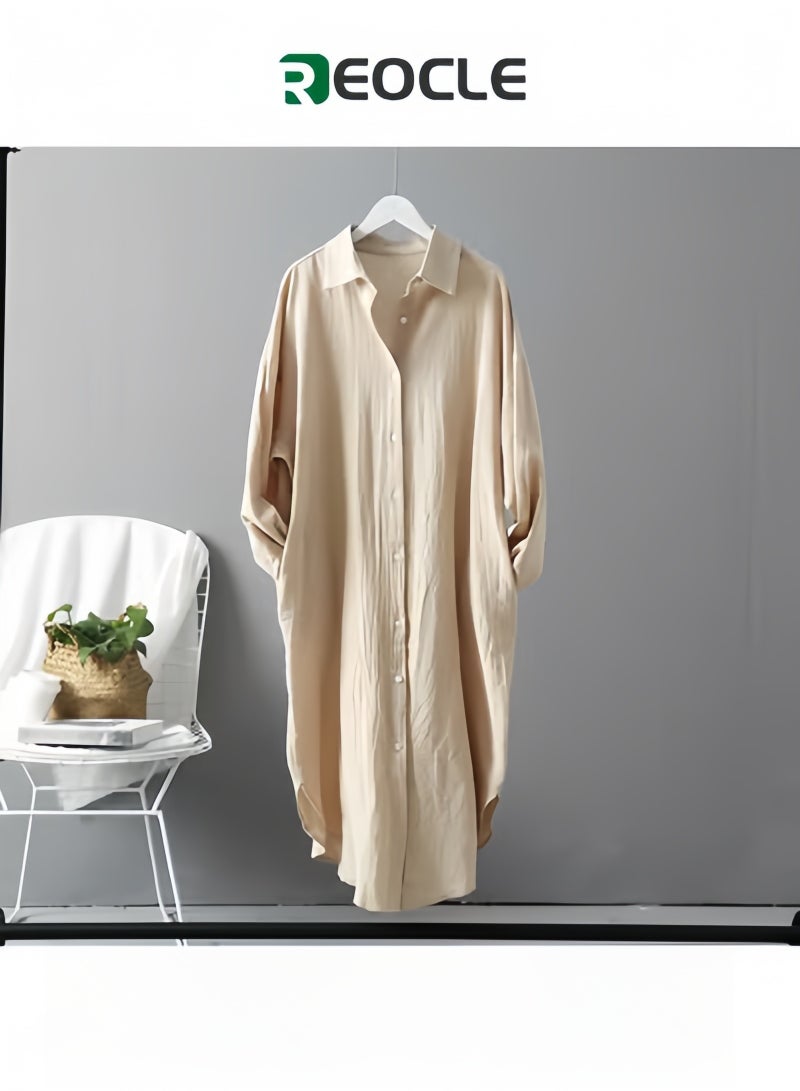 REOCLE Women's Maxi Dress Cotton Linen Shirts Long Sleeve Button Down Blouses Oversized Tops Casual Loose Cardigan Shirts - Image 1