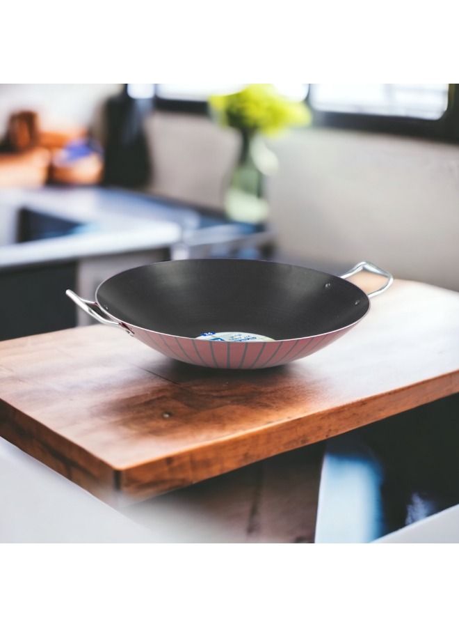Bister Stripy Classy Wok 36cm - Dark Red Aluminum Non-Stick Deep Frying Pan with Teflon Coating, Dual Side Handles & Heat-Resistant Design - Image 1