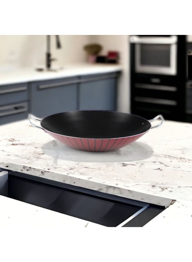 Bister Stripy Classy Wok 36cm - Dark Red Aluminum Non-Stick Deep Frying Pan with Teflon Coating, Dual Side Handles & Heat-Resistant Design - Image 3