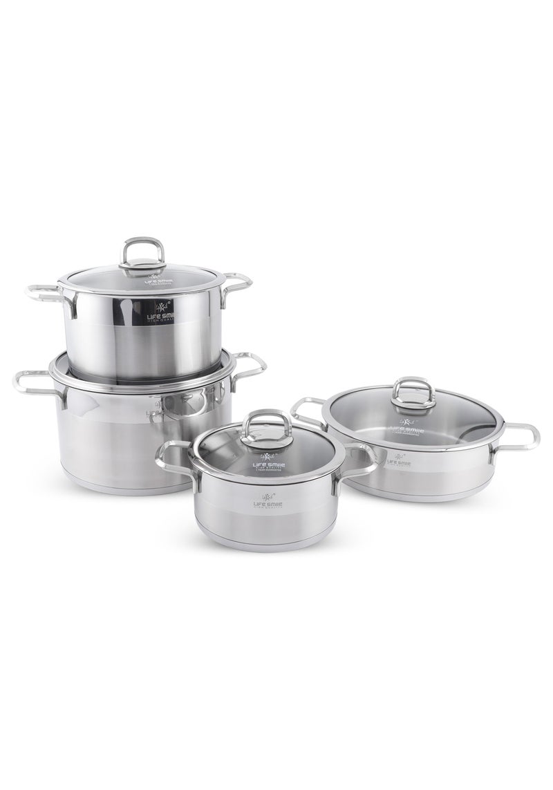 Life Smile Premium 18/10 Stainless Steel Cookware Set - Steel Pots and Pans Set Induction 3-Ply Thick Base Kitchen Cooking Set for Even Heating Includes Casserroles 16/20/24cm and Frying Pan 28cm - Oven Safe Silver - Image 1