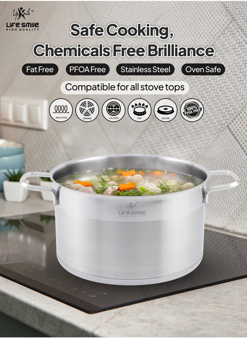 Life Smile Premium 18/10 Stainless Steel Cookware Set - Steel Pots and Pans Set Induction 3-Ply Thick Base Kitchen Cooking Set for Even Heating Includes Casserroles 16/20/24cm and Frying Pan 28cm - Oven Safe Silver  - Image 4