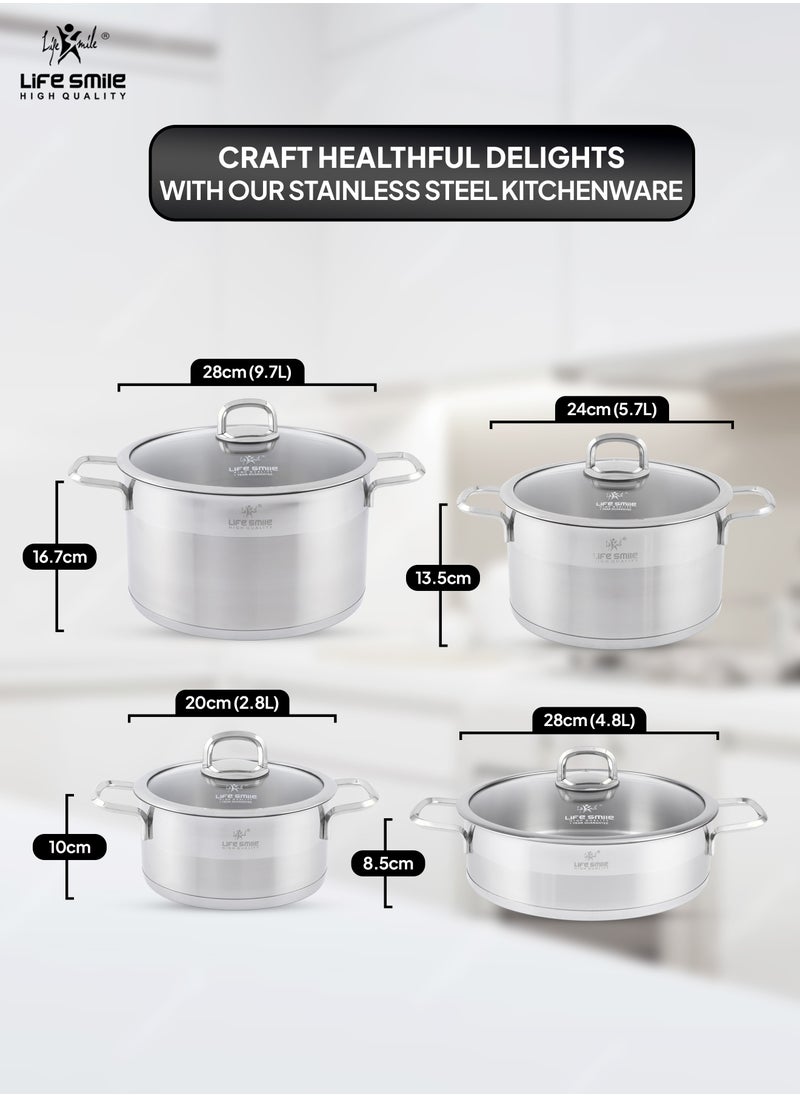 Life Smile Premium 18/10 Stainless Steel Cookware Set - Steel Pots and Pans Set Induction 3-Ply Thick Base Kitchen Cooking Set for Even Heating Includes Casserroles 16/20/24cm and Frying Pan 28cm - Oven Safe Silver  - Image 2