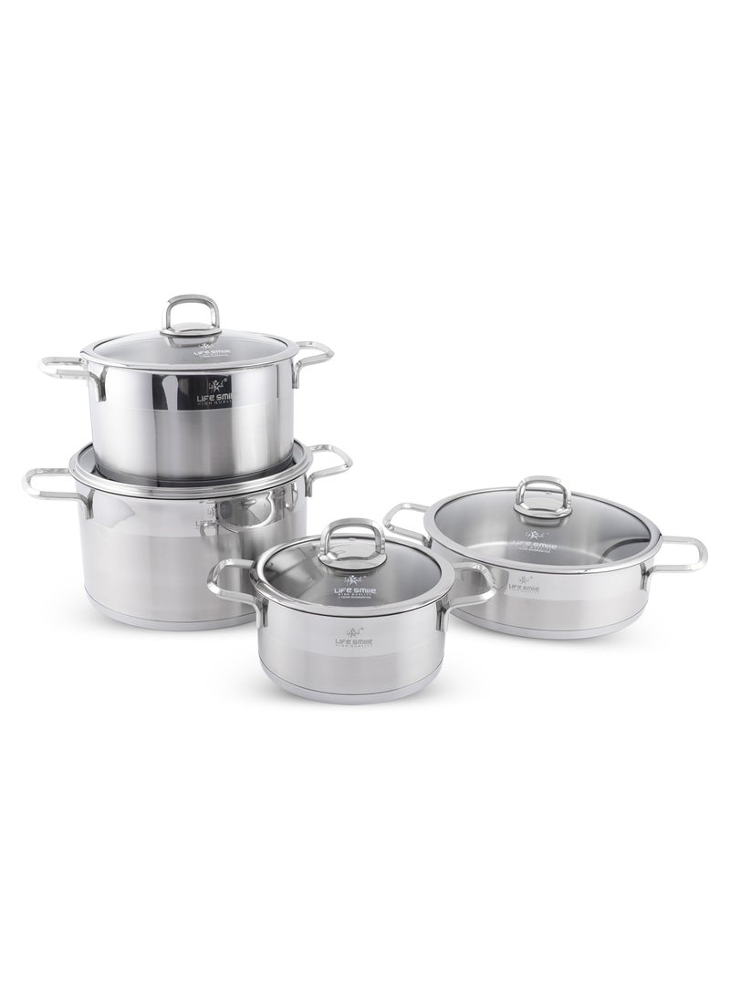 Life Smile Premium 18/10 Stainless Steel Cookware Set - Steel Pots and Pans Set Induction 3-Ply Thick Base Kitchen Cooking Set for Even Heating Includes Casserroles 16/20/24cm and Frying Pan 28cm - Oven Safe Silver  - Image 1