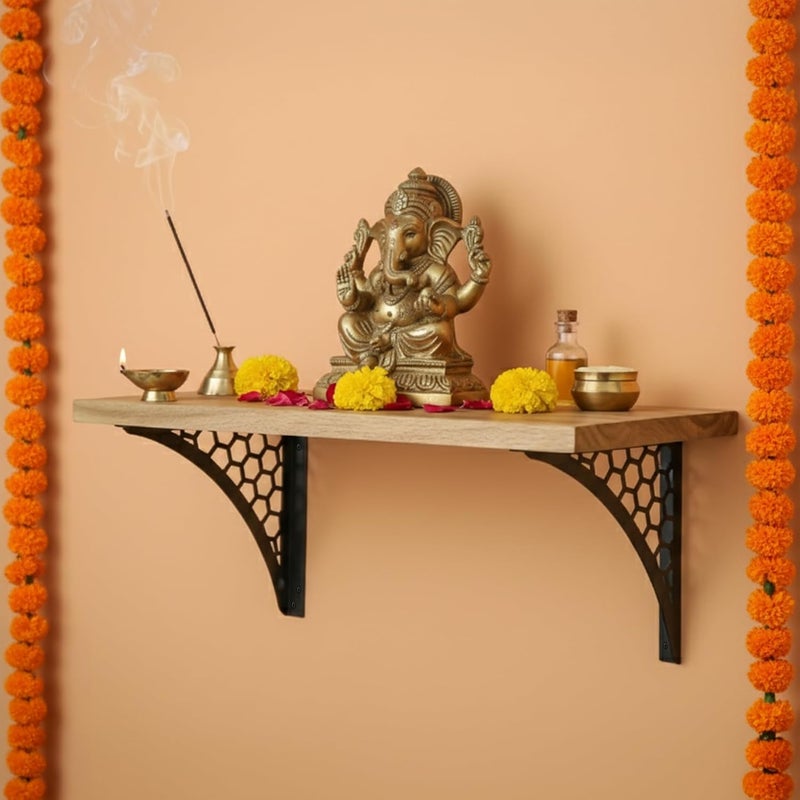 Spillbox معبد بويا المنزلي الخشبي | رف معدني أبيض | قابل للتعليق على الحائط | تجميع سهل بالبراغي | معبد منزلي لغرفة البوجا | حامل بوجا | معبد - سداسي (أسود كبير) - Image 1