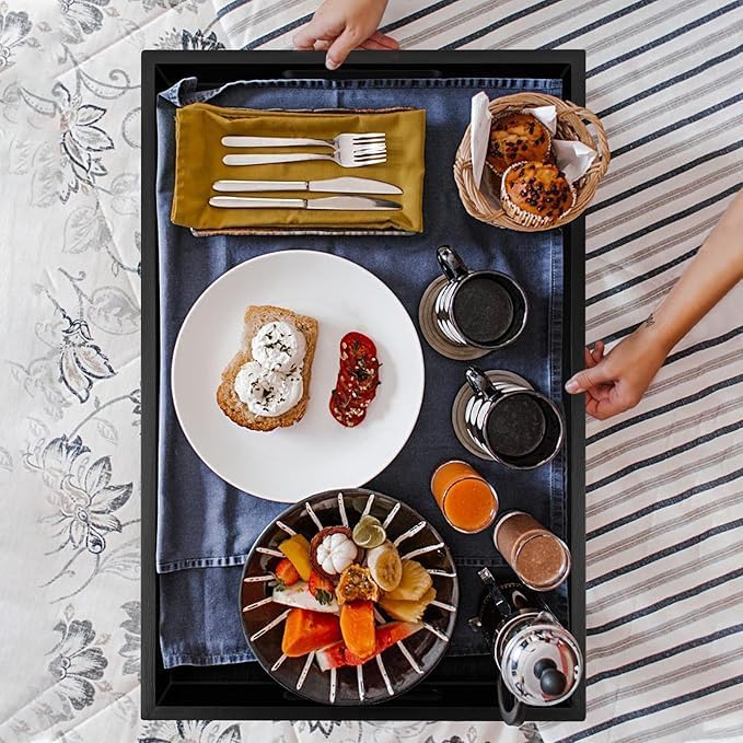 YLmeet Wooden Serving Tray with Handles, Black, Large 45.5x28.5cm, Multipurpose for Breakfast, Dinner, Drinks, Living Room, Kitchen, Bedroom - Image 2