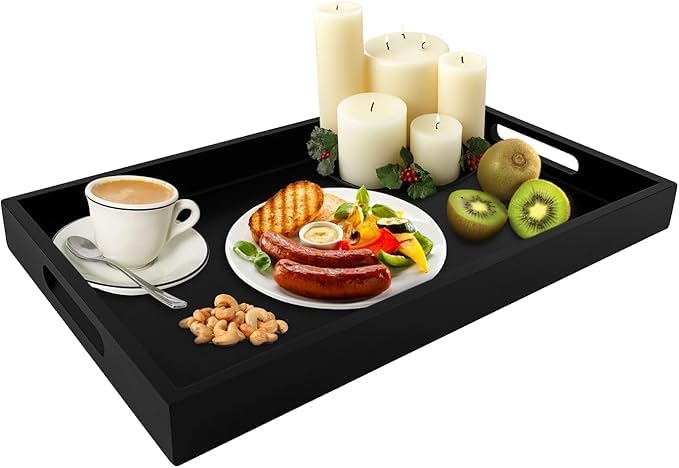 YLmeet Wooden Serving Tray with Handles, Black, Large 45.5x28.5cm, Multipurpose for Breakfast, Dinner, Drinks, Living Room, Kitchen, Bedroom - Image 1