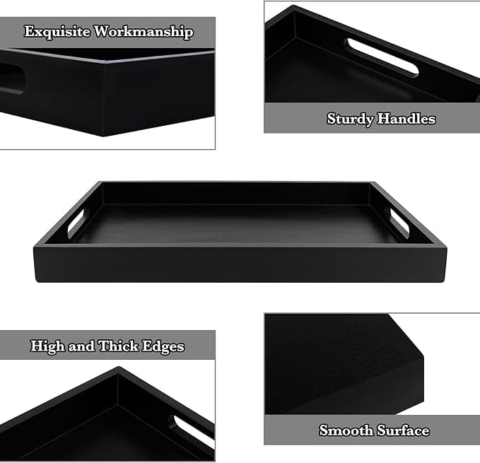 YLmeet Wooden Serving Tray with Handles, Black, Large 45.5x28.5cm, Multipurpose for Breakfast, Dinner, Drinks, Living Room, Kitchen, Bedroom - Image 4