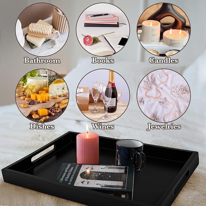 YLmeet Wooden Serving Tray with Handles, Black, Large 45.5x28.5cm, Multipurpose for Breakfast, Dinner, Drinks, Living Room, Kitchen, Bedroom - Image 5