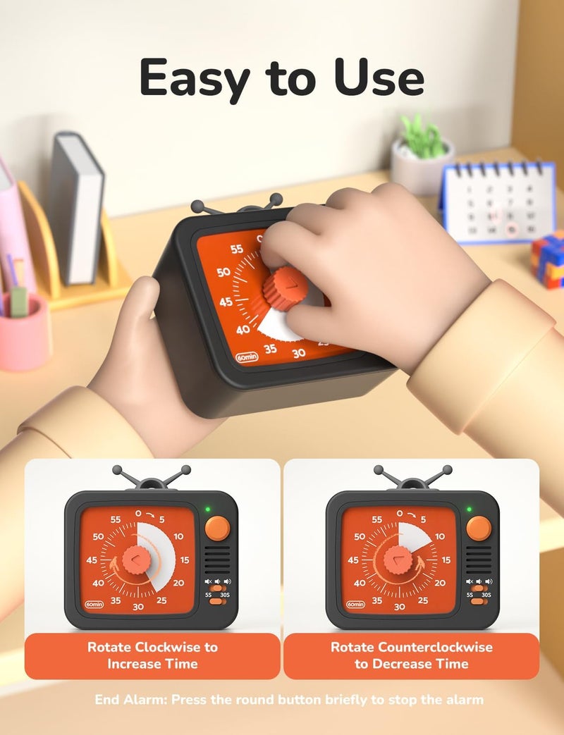 LIORQUE Visual Timer 60 Minute Countdown Timer for Children and Adults Quiet Timer with Silicone Housing Pause Function Rechargeable Battery for Kitchen School Office (Black + Orange) - Image 5