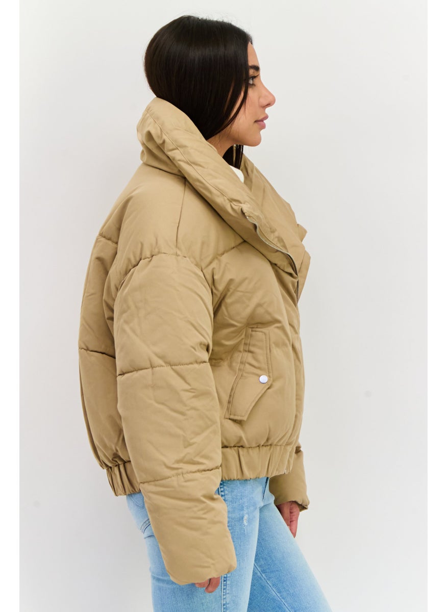ESPRIT - Women Quilted Puffer Jacket, Tan - Image 1