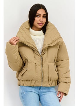 Women Quilted Puffer Jacket, Tan