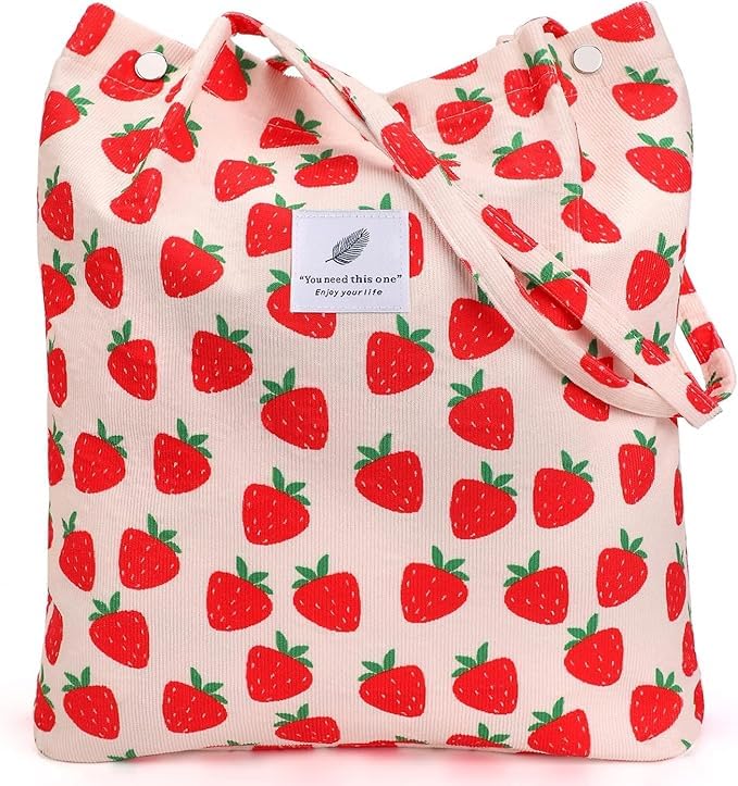 BROGBUS Strawberry Printed Large Size Canvas Tote Shoulder Bag for Women, Ladies, Girls for School, College, Office, Travel Shopping Bag (Strawberry Color) - Image 1