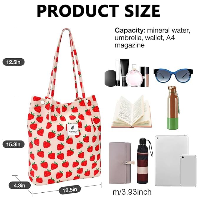 BROGBUS Strawberry Printed Large Size Canvas Tote Shoulder Bag for Women, Ladies, Girls for School, College, Office, Travel Shopping Bag (Strawberry Color) - Image 2