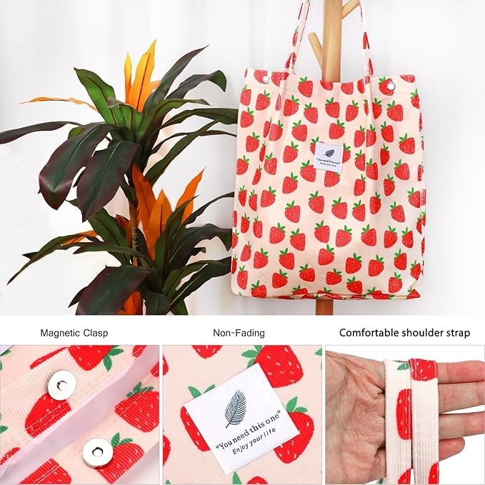 BROGBUS Strawberry Printed Large Size Canvas Tote Shoulder Bag for Women, Ladies, Girls for School, College, Office, Travel Shopping Bag (Strawberry Color) - Image 5