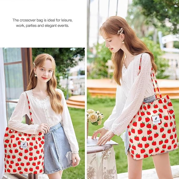 BROGBUS Strawberry Printed Large Size Canvas Tote Shoulder Bag for Women, Ladies, Girls for School, College, Office, Travel Shopping Bag (Strawberry Color) - Image 4