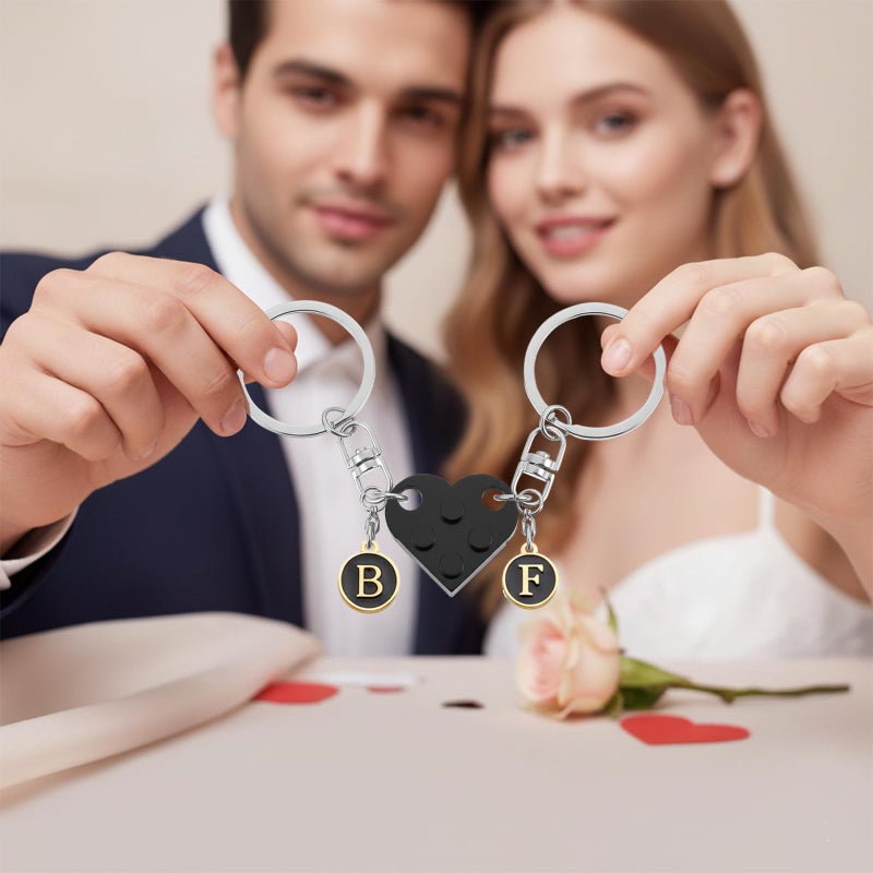 rosulasi Matching Heart Keychains for Couples Boyfriend Girlfriend Cute Brick Couple Keychain Valentines Day Gift for Him Her Husband (Black) - Image 4