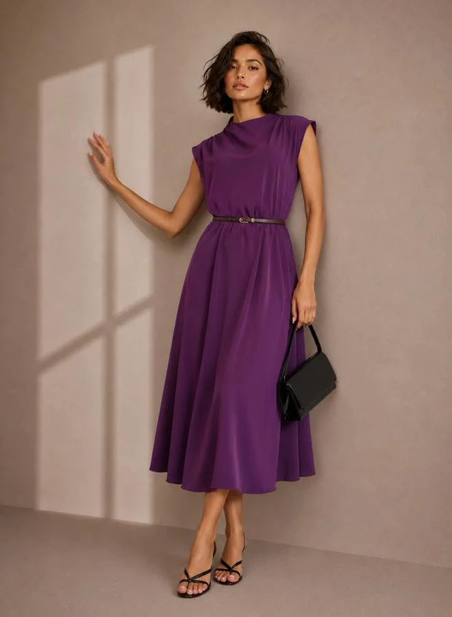 ستايلي Purple Solid Sleeveless A-Line Midi Dress with Belt