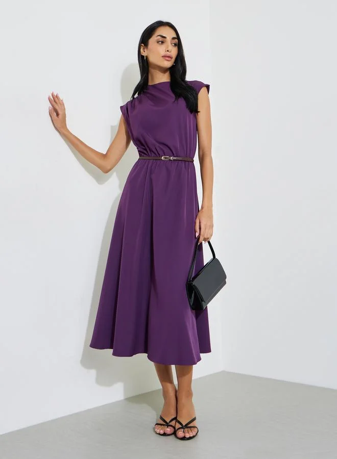 ستايلي Purple Solid Sleeveless A-Line Midi Dress with Belt