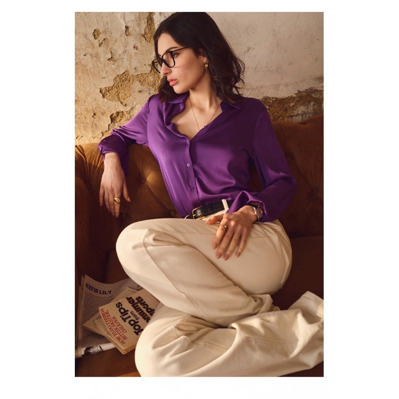 Cross-border Preferred in stock 2024 Autumn Elegant High-end New Commuting Acetic Satin Long Sleeve Loose Shirt Women Purple
