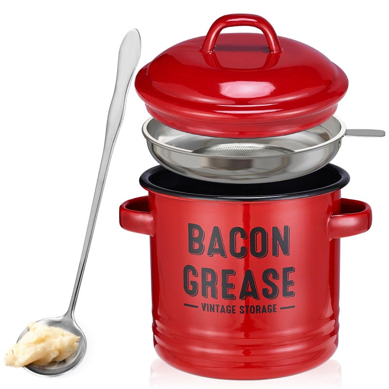 ONEARF Bacon Grease Container with Strainer - Large 46OZ Red Kitchen Oil Storage Can, Food Saver Bin with Lid | Farmhouse Cooking Pot Keeper Collector, Dishwasher Safe - Red - Image 1