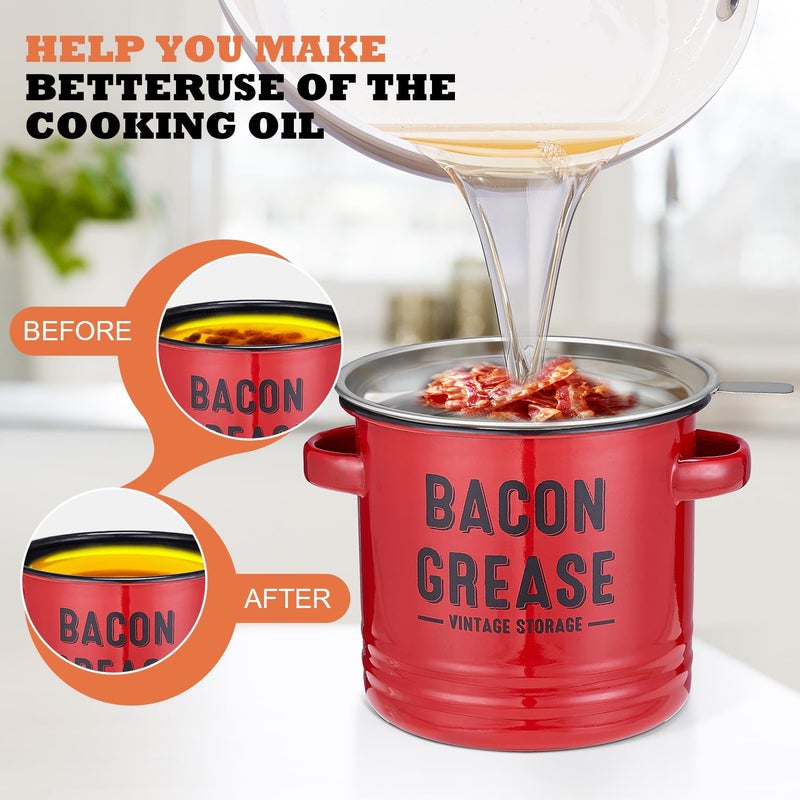 ONEARF Bacon Grease Container with Strainer - Large 46OZ Red Kitchen Oil Storage Can, Food Saver Bin with Lid | Farmhouse Cooking Pot Keeper Collector, Dishwasher Safe - Red - Image 4