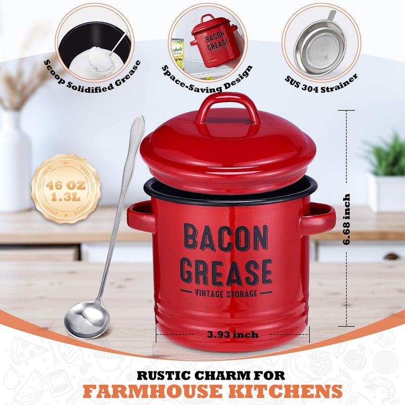 ONEARF Bacon Grease Container with Strainer - Large 46OZ Red Kitchen Oil Storage Can, Food Saver Bin with Lid | Farmhouse Cooking Pot Keeper Collector, Dishwasher Safe - Red - Image 5