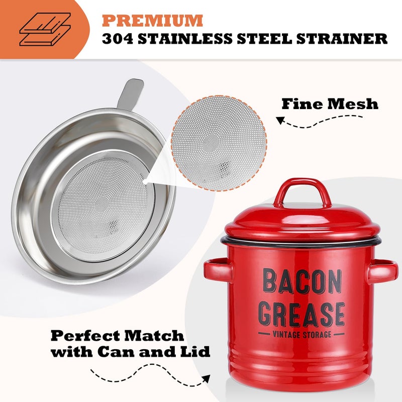 ONEARF Bacon Grease Container with Strainer - Large 46OZ Red Kitchen Oil Storage Can, Food Saver Bin with Lid | Farmhouse Cooking Pot Keeper Collector, Dishwasher Safe - Red - Image 3