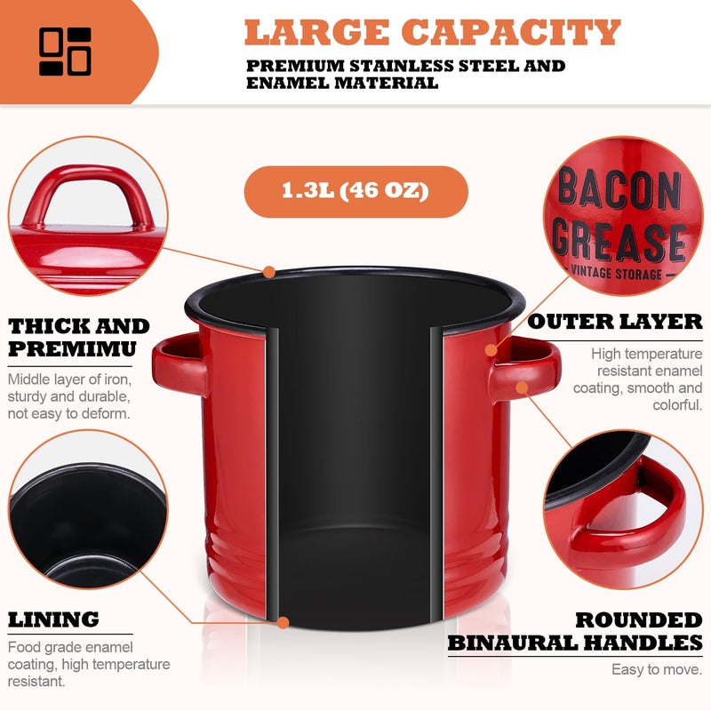 ONEARF Bacon Grease Container with Strainer - Large 46OZ Red Kitchen Oil Storage Can, Food Saver Bin with Lid | Farmhouse Cooking Pot Keeper Collector, Dishwasher Safe - Red - Image 2