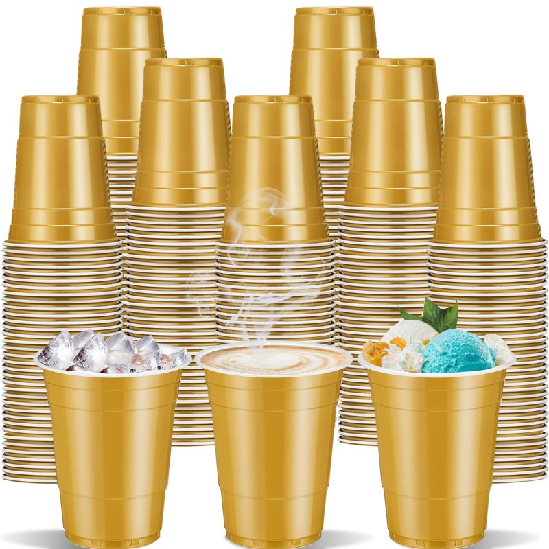cssopenss 120 pcs Gold plastic cups 16 oz Mardi Gras plastic Disposable Cups gold Party Cups for drinking Tastings served Snacks Barbecues Picnics