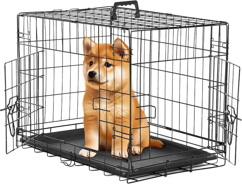 Simple Deluxe 24-Inch Small Dog Crate with Divider, Double Door Folding Metal Wire Cage with Leak-Proof Plastic Tray, Portable Pet Kennel for Indoor, Outdoor, and Travel - Image 1