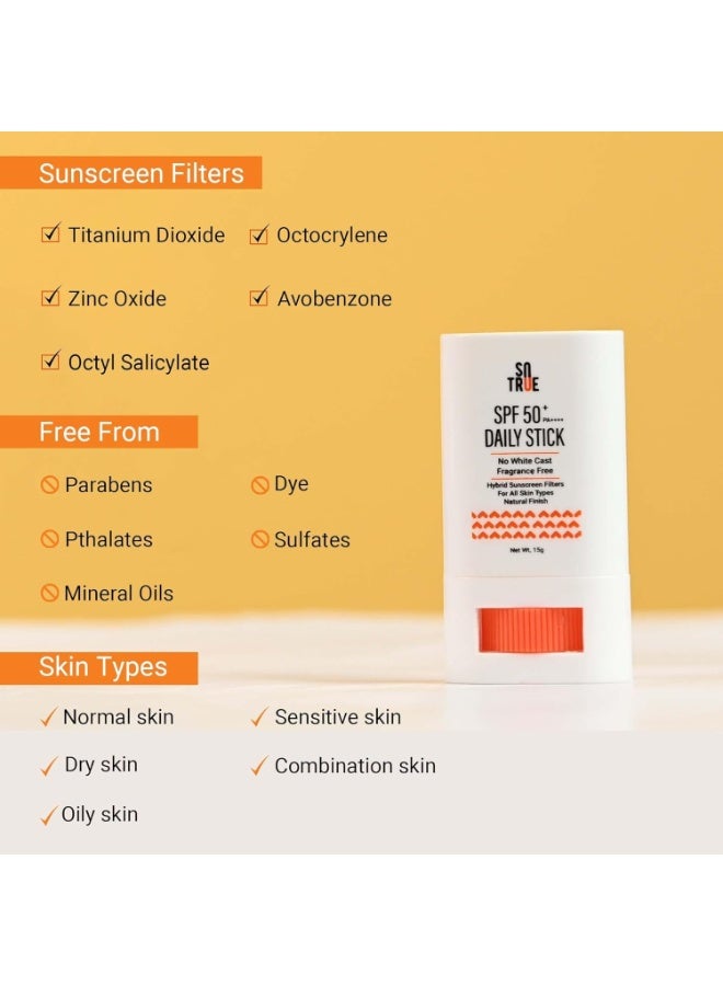 So True Sotrue SPF 50+ Daily Sunscreen Stick | Lightweight, Water Resistant | No White Cast | Broad Spectrum PA++++ | Non Sticky With Dewy Finish | Mess Free Sun Protection | Suitable for Face & Body 15g - Image 3