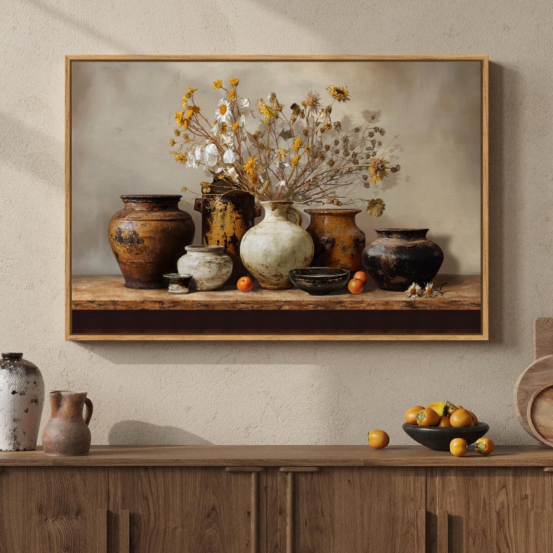 Cuspin Framed Vintage Floral Pottery Kitchen Wall Art, Farmhouse Rustic Still Life Neutral Canvas Artwork for Walls, Retro Vase Flower Painting Print for Dining Room Bedroom Living Room Wall Decor, 36x24 In - Image 1