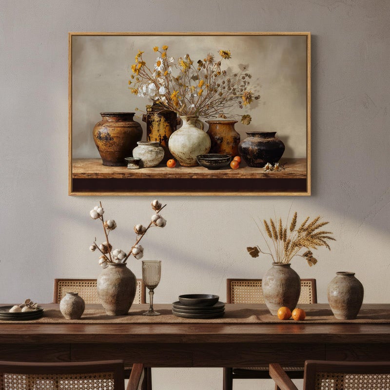 Cuspin Framed Vintage Floral Pottery Kitchen Wall Art, Farmhouse Rustic Still Life Neutral Canvas Artwork for Walls, Retro Vase Flower Painting Print for Dining Room Bedroom Living Room Wall Decor, 36x24 In - Image 2