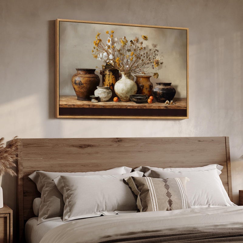 Cuspin Framed Vintage Floral Pottery Kitchen Wall Art, Farmhouse Rustic Still Life Neutral Canvas Artwork for Walls, Retro Vase Flower Painting Print for Dining Room Bedroom Living Room Wall Decor, 36x24 In - Image 4