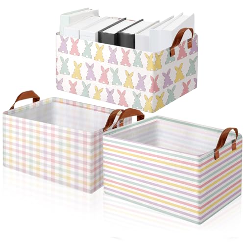 Boao Foldable Storage Baskets Dinosaur Easter Rabbit Classical Flowers Bow Laundry Basket with Handles Waterproof Storage Bins Fabric Shelf Baskets15 x 11 x 8 InchesBunny3 Pcs - Image 1