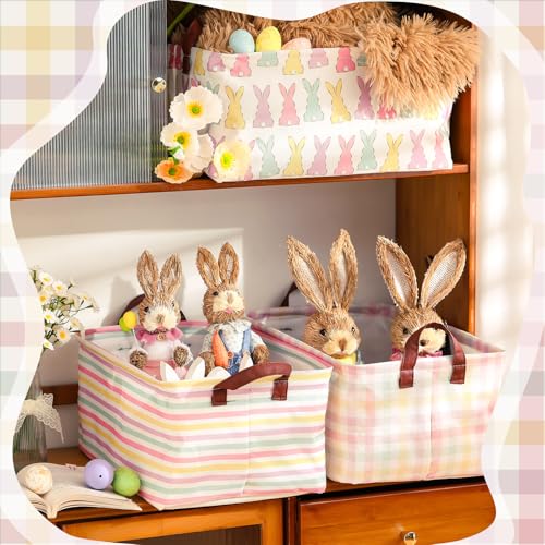 Boao Foldable Storage Baskets Dinosaur Easter Rabbit Classical Flowers Bow Laundry Basket with Handles Waterproof Storage Bins Fabric Shelf Baskets15 x 11 x 8 InchesBunny3 Pcs - Image 3