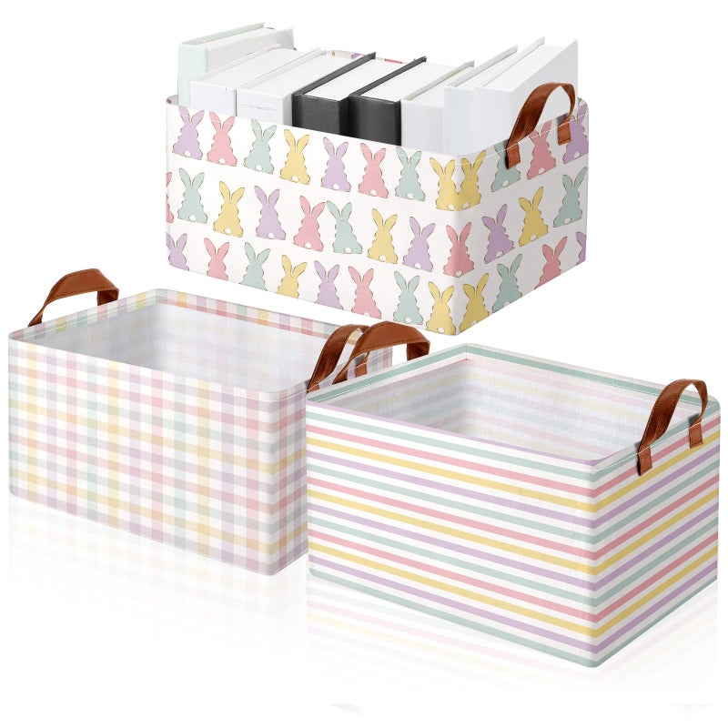 Boao Foldable Storage Baskets Dinosaur Easter Rabbit Classical Flowers Bow Laundry Basket with Handles Waterproof Storage Bins Fabric Shelf Baskets15 x 11 x 8 InchesBunny3 Pcs - Image 2