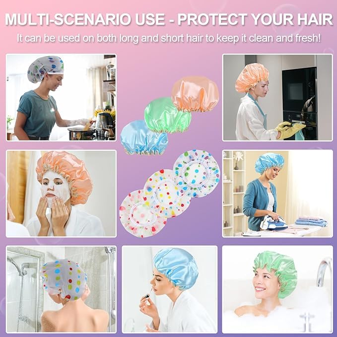 Shrux 9Pcs Plastics Shower Caps for Women Reusable Waterproof,Shower Cap for Women with Elastic,Hair Cap for Shower for Skin Care,Hair Salon|Reusable FreeSize Bathroom Shower Caps (Pack OF 9) - Image 4