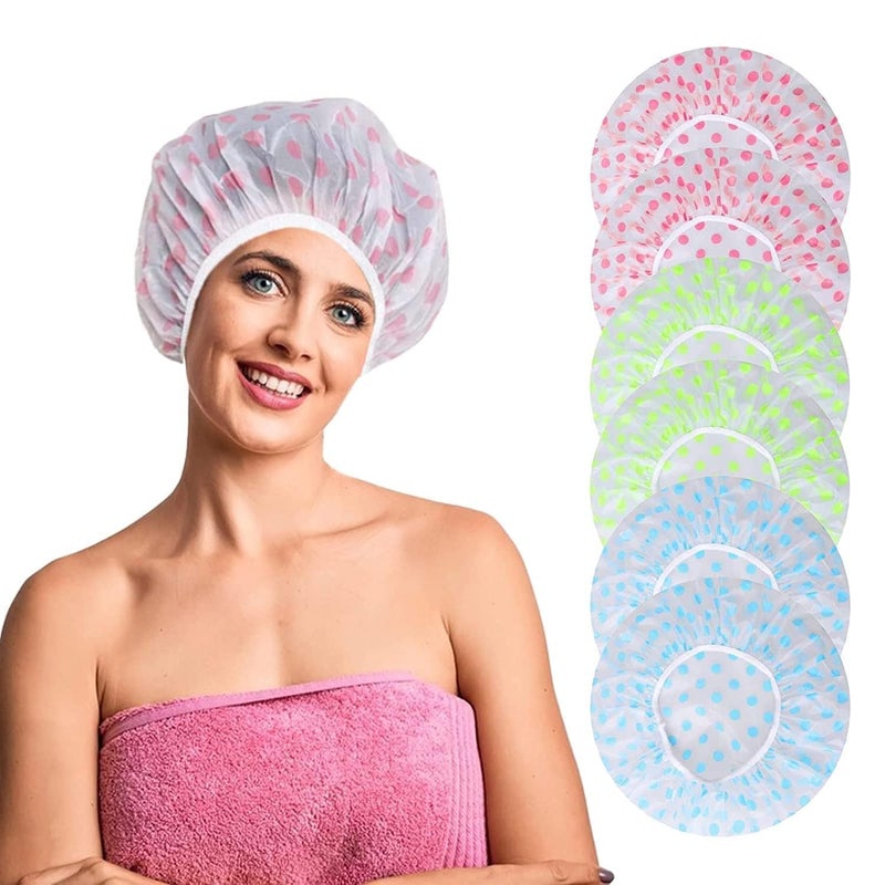 Shrux 9Pcs Plastics Shower Caps for Women Reusable Waterproof,Shower Cap for Women with Elastic,Hair Cap for Shower for Skin Care,Hair Salon|Reusable FreeSize Bathroom Shower Caps (Pack OF 9) - Image 1