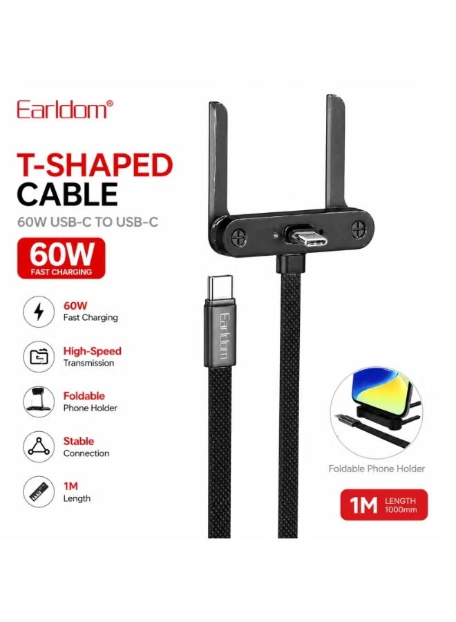 Earldom EC-220C-C 60W USB-C to USB-C Fast Charging Cable, 1 Meter, Foldable Phone Holder, PD Power Delivery Charging Cord, Durable Tangle-Resistant Design for Smartphones, Tablets, Laptops & Compatible USB-C Devices, Mobile Stand Cable for Home, Office, Car & Travel - Image 3